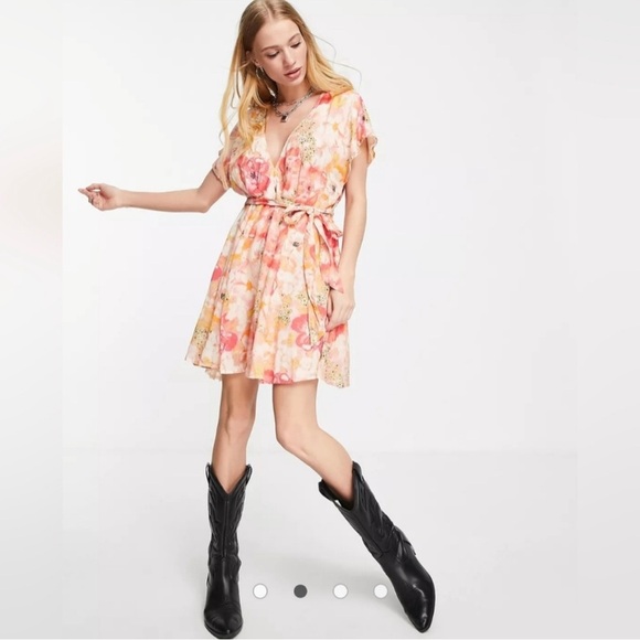 Free People Womens Pink Floral Freddy Tie Fruit Punch Boho Mini Dress Small - Picture 16 of 16